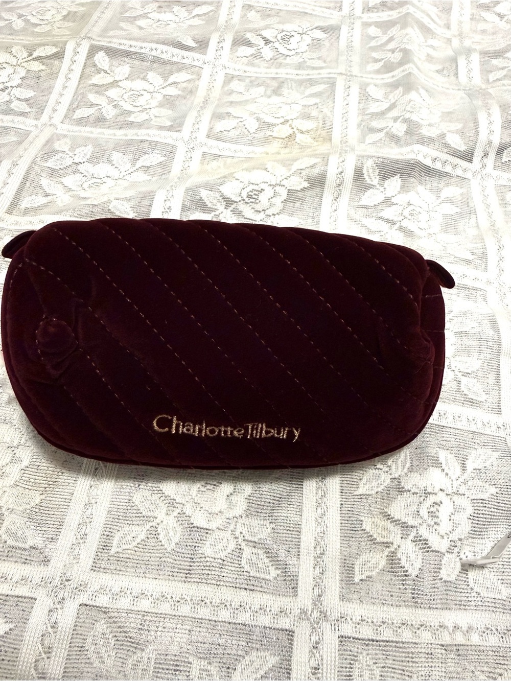 Charlotte Tilbury Quilted Velvet Cosmetic Pouch - Deep Wine